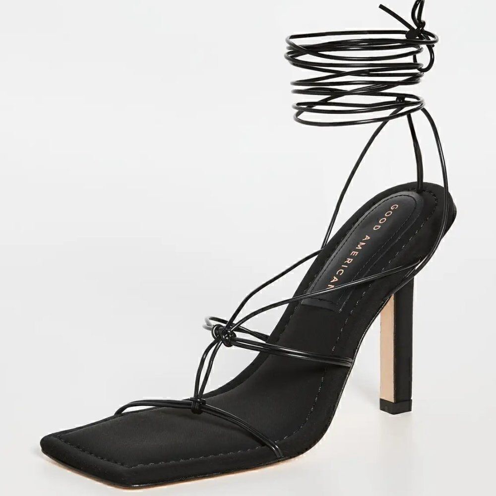 New (NIB): Good American Caged Slanted Sandals in Neoprene Black size 7.5